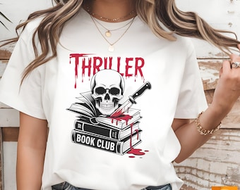 PNG de club de lectura de suspense / Diseño de calavera de terror leyendo / Camiseta para amantes de los libros oscuros / Imágenes prediseñadas para sublimación DTF UVDTF