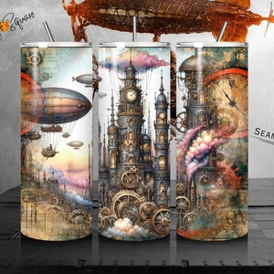 Vintage Steampunk City Tumbler - Watercolor Design 20 oz Tumbler Wrap PNG - City Scape Inspired - Sublimation