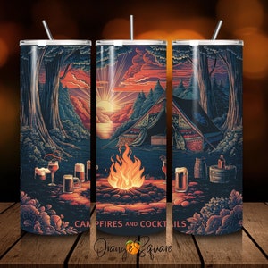 Campfires and Cocktails 20 oz Skinny Tumbler Wrap - Digital Download PNG - Camping, Camper, Summer -  Sublimation Design