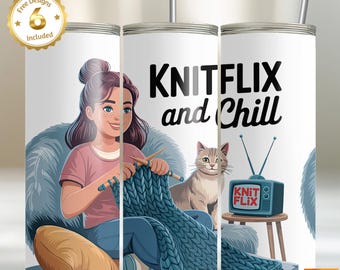 Vaso para tejer PNG / Diseño de sublimación Knitflix and Chill / Vaso delgado Knitter Wrap de 20 oz / Diseño para amantes del tejido
