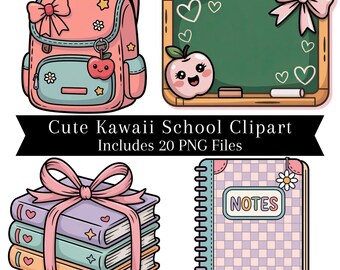 Kawaii School Clipart Bundle | Cute Back to School PNG | Classroom Supplies | Kids Teacher Graphics | DTF/UVDTF Sublimation