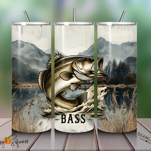 Large Mouth BASS - 20 OZ Skinny Tumbler Wrap Sublimation PNG Design Digital Download - Fishing Sublimation - Bass - Father&#39;s Day Tumbler