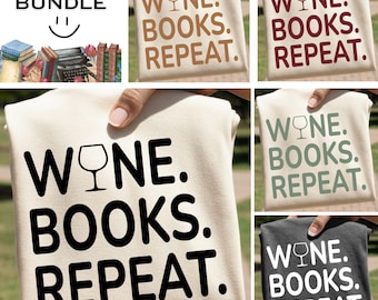 Paquete PNG de libros de vino repetidos / Diseño de camiseta para amantes de los libros / Tipografía de copa de vino / Conjunto de imágenes prediseñadas DTF UVDTF para sublimación