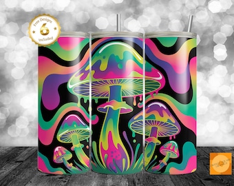 Vaso de 20 oz con forma de hongo psicodélico PNG / Diseño de hongo psicodélico / Arte de hongos neón / Sublimación