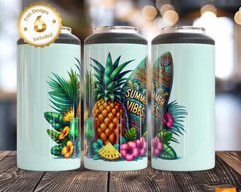 Summer Vibes Can Cooler Wrap / 16 oz Sublimazione PNG / Design ananas, ibisco e tavola da surf / Tropicale / Beach Drink Wrap