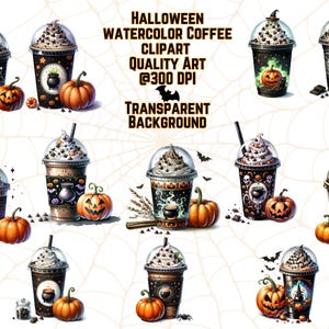 Halloween Coffee Watercolor Clipart Set - Hot Coffee Drink Clipart Bundle - Spooky Season PNG Bundle - Pumpkin Designs Instant Download