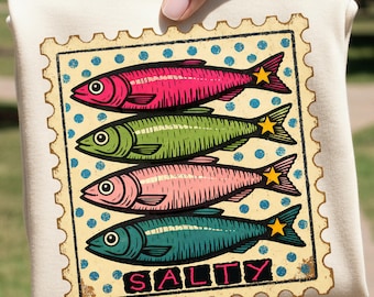 Sardine salate PNG / Design per sublimazione di pesci costieri / Clipart retrò da spiaggia / Divertente trasferimento DTF nautico vintage