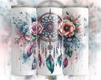 Boho Dreamcatcher Floral Tumbler Wrap - 20oz Skinny Sublimation Design PNG