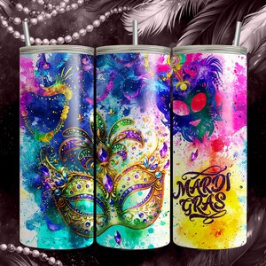 Vibrant Mardi Gras Mask Tumbler Wrap – Colorful Sublimation Design PNG - 20 oz Skinny Tumblers