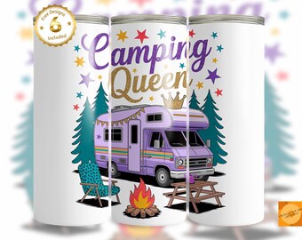 May include: A white tumbler with a purple camper van, a campfire, and the text "Camping Queen" in a glittery font. The camper van has a crown on top and stars around it.