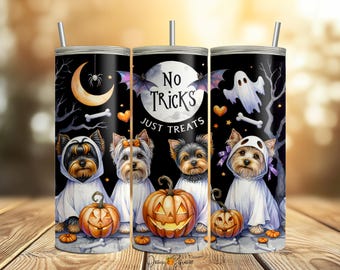 Cute! No Tricks Just Treats Halloween Yorkie Dogs Tumbler Wrap - Spooky Pumpkin Tumbler Wrap - 20 oz Sublimation Tumbler Design PNG
