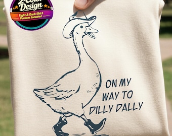 Diseño de camiseta de ganso western con ganso divertido en formato PNG: "En camino a Dilly Dally" / Archivo de sublimación DTF UVDTF