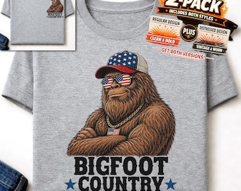 Pacchetto PNG Bigfoot Country / Design Sasquatch USA per sublimazione / Confezione da 2 magliette patriottiche / Clipart DTF UVDTF