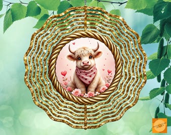 Molinillo de viento PNG de sublimación: Vaca de las Tierras Altas con corazones y rosas / Diseño con borde dorado brillante / Regalo de San Valentín