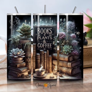 Books, Plants & Coffee Lover Tumbler Wrap - 20 oz Skinny Tumbler Sublimation  PNG Design