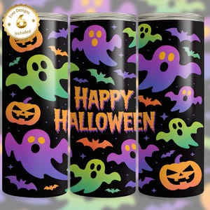 Happy Halloween 20 oz Tumbler Wrap PNG | Neon Ghosts Sublimation Design | Bright Spooky Halloween Wrap | Pumpkin Bat Cup Wrap