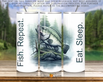 Fishing Tumbler - Eat Sleep Fish Repeat - 20 oz Tumbler Wrap - Sublimation Design PNG - Fishing Lover Dad Gift