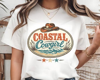 Immagine PNG di una cowgirl costiera per sublimazione / Design per maglietta da spiaggia western / Clipart DTF UVDTF retrò