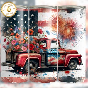Patriotic Vintage Truck 20oz Tumbler Wrap | 4th of July Fireworks Tumbler PNG | American Flag Floral Sublimation | USA Skinny Tumbler Design