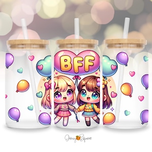 Schattige BFF kawaii chibi 16 oz Libbey Glass Can Wrap - sublimatie, png | Schattig BFF UVDTF-ontwerp | Kawaii beste vrienden | Digitale download