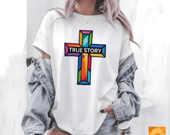 Cruz de historia real PNG / Diseño de camiseta cristiana con vitrales / Clipart de fe / Sublimación DTF UVDTF