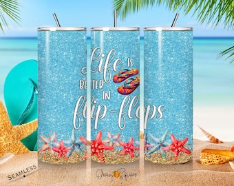 Summer Life is Better in Flip Flops - Sublimation Design - 20 oz Skinny Tumbler Wrap PNG - Digital Download ONLY - Summer Vibes - Starfish