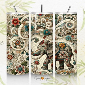 Embroidery Elephant Tumbler Wrap - Digital PNG Design for 20 oz Skinny Tumbler - Sublimation -Embroidery Mandala Elephant