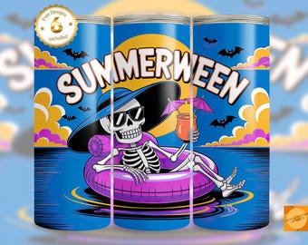 Summerween 20 oz Tumbler Wrap PNG | Halloween in Summer Skeleton Sublimation | Spooky Beach Vibes | Funny Seasonal Tumbler Design