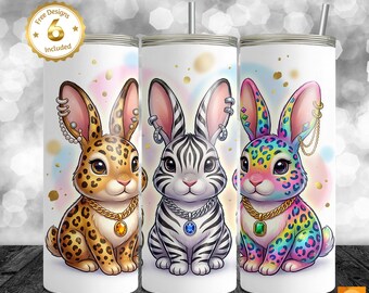 Envoltura para vaso Boujee Bunny de 20 oz PNG / Diseño de sublimación de Pascua con leopardo, cebra y arcoíris / Descarga digital de vaso delgado