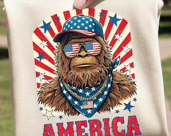 America Sasquatch PNG / Design patriottico Bigfoot per sublimazione / Maglietta USA Bigfoot / Grafica per il 4 luglio / Trasferimento DTF / Clipart UVDTF