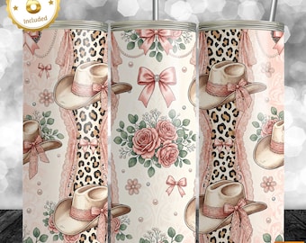 Coquette Cowgirl 20 oz Tumbler PNG | Pink Western Sublimation Wrap | Leopard Cowgirl Hat | Bow Tumbler Wrap | Floral Boutique Western Design