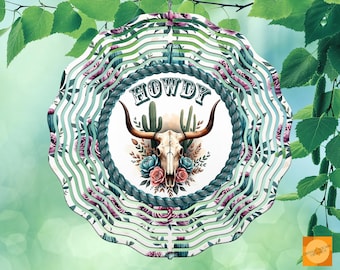 Molinillo de viento PNG Howdy / Diseño de sublimación de cactus con calavera estilo boho occidental / Molinillo de viento con calavera de vaca floral (descarga digital)