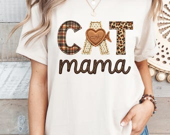 Mamá gata PNG / Diseño de camiseta de mamá gata / Sublimación de leopardo a cuadros con puntada falsa DTF UVDTF Transferencia Clipart