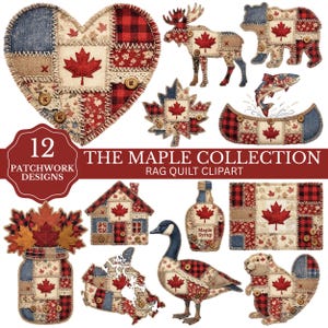 Puede incluir: Una colección de 12 diseños de patchwork con motivos de hojas de arce canadienses. Los diseños incluyen un corazón, un alce, un oso, una hoja de arce, un pez, una canoa, una casa, una botella de jarabe de arce, una bandera, un tarro de hojas, un mapa de Canadá, un ganso y un castor. El texto "The Maple Collection" es visible.