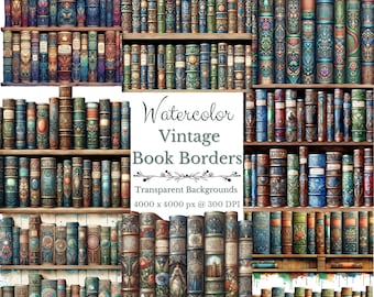 Watercolor Book Border Bundle PNG Set - Instant Digital Download - Vintage Books - Fantasy - Clipart - Digital Paper Craft - Commercial Use