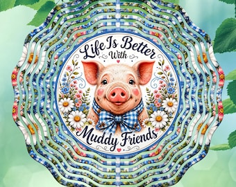 Pig Wind Spinner PNG | Double Sided Wind Spinner Sublimation | Farmhouse Pig | Blue Gingham Floral Spinner | Country Porch Decor
