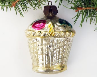 Vintage flower basket Glass Christmas ornament  Silver Christmas tree decoration Flower ornament Blown glass ornament Cupcake New Year decor