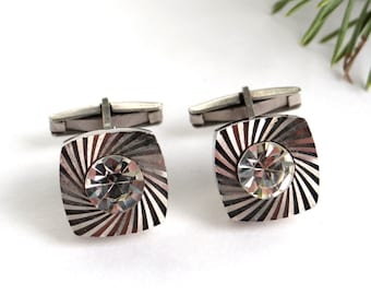 Vintage white rhinestone cuff links silver plated mens accessories mens wedding cuff links romantic gift for him crystal cufflinks dad gift