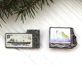 Metal glass pin ships set of 2 Collection pin with ship Vintage metal collectible Vessel badge Soviet Navy fleet Sailor Memory Brooch