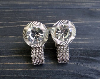 Vintage Rhinestone Cuff Links: Silver Tone Chain Dangle wedding cufflinks, USSR Made