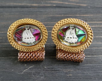 Vintage Gold Plated Sailboat Cufflinks: Marine Nautical Wedding Jewelry