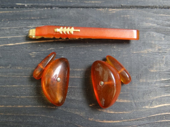 Baltic amber gold plate set cufflinks and tie cli… - image 3