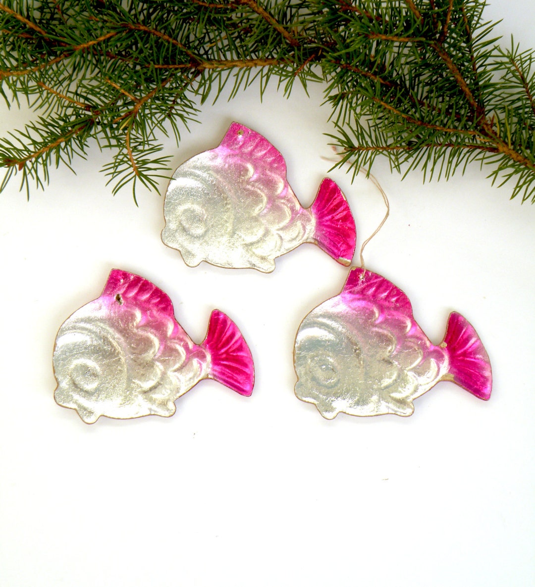 Rare Silver Pink Fishes Cardboard Christmas Ornaments Vintage Soviet ...