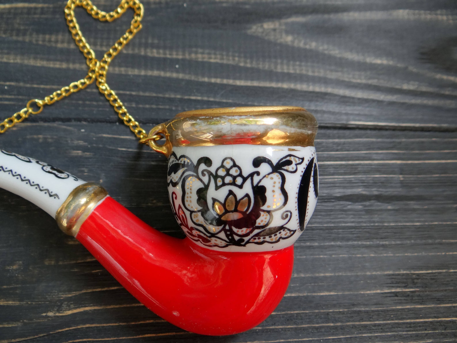 Red Gold Tobacco Pipe Vintage Designer Porcelain Pipe Glass Etsy