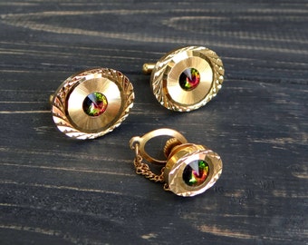 Vintage Iridescent Rhinestone Cufflinks and Tie Clip - Gold Plated Groom Jewelry