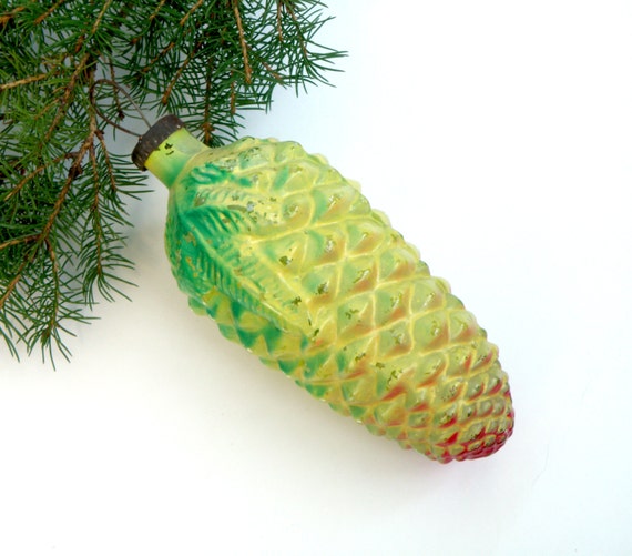 Rare Big pine cone Glass Christmas ornament Antique tree decoration Yellow Christmas pine  Soviet vintage christmas Outdoor decoration 1950s