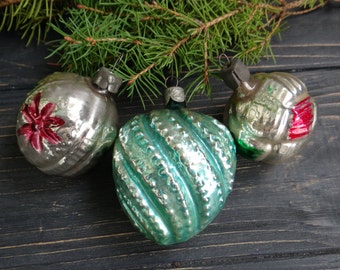 Silver Green Glass Christmas Ornaments set of 3 Vintage tree Baubles Christmas Tree Decoration abstract bulbs Mercury Glass Xmas gift balls