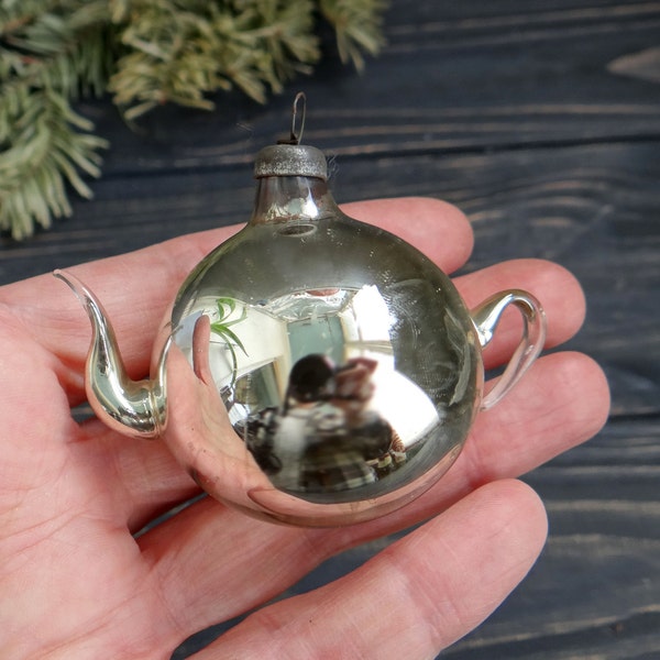 Soviet Glass Christmas decoration Abstract Silver Teapot Christmas ornament Mercury glass jug Vintage russian Xmas ornament glass teapot