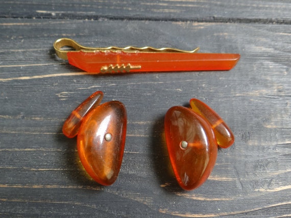 Baltic amber gold plate set cufflinks and tie cli… - image 4