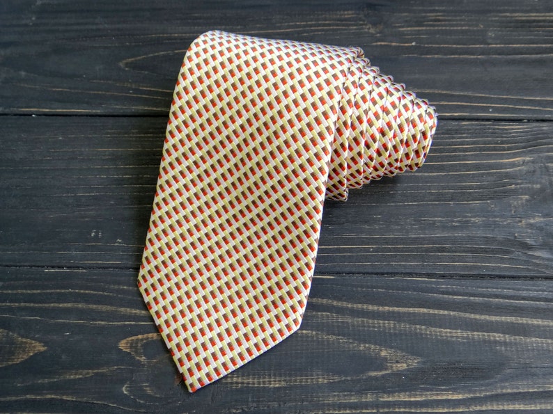 Pure Silk Geometric Print Tie fathers day gift vintage mens tie Yellow Beige cravate casual pattern necktie Checkered tie gift for husband image 1